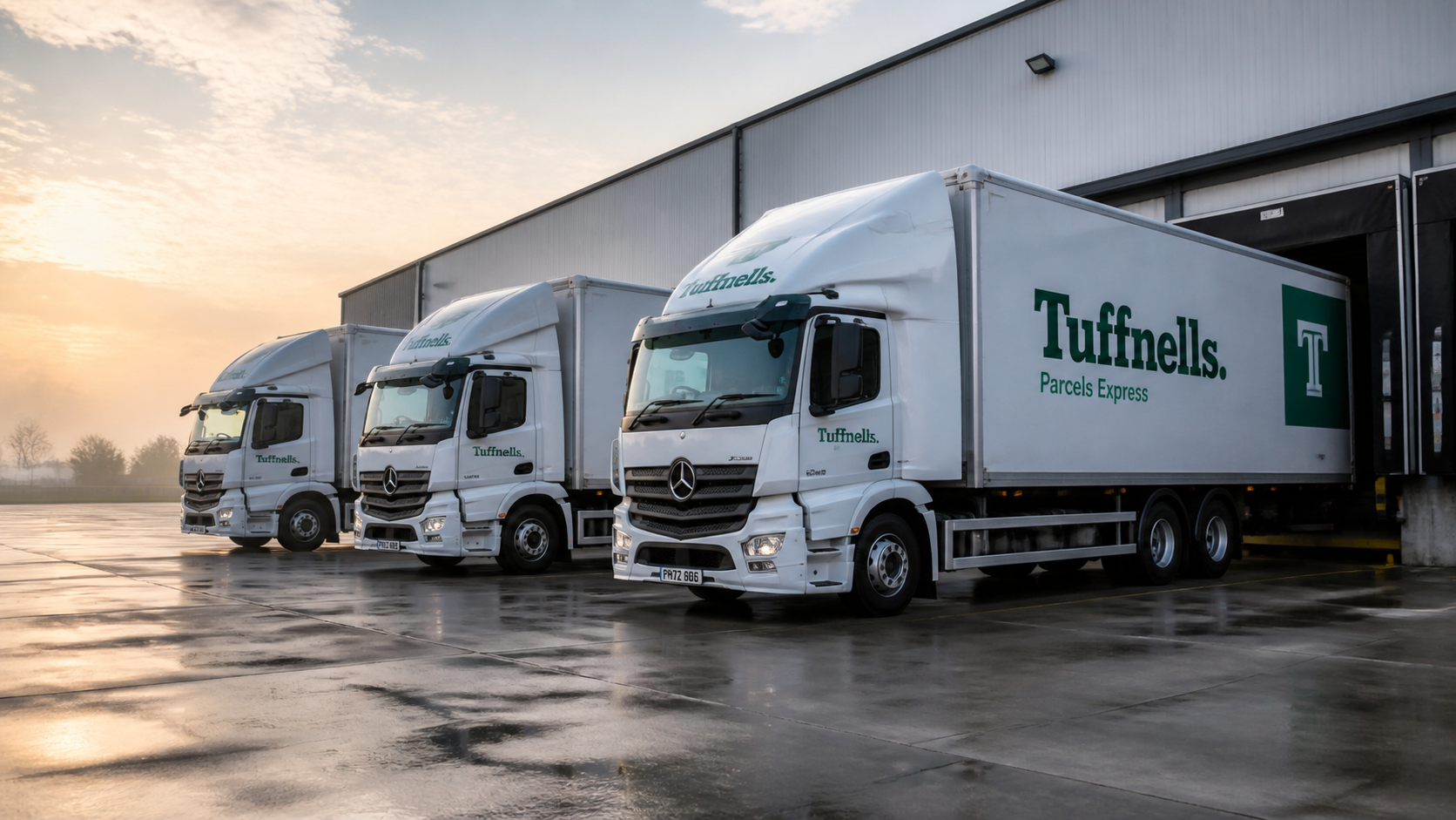 Fleet of delivery trucks at logistics hub